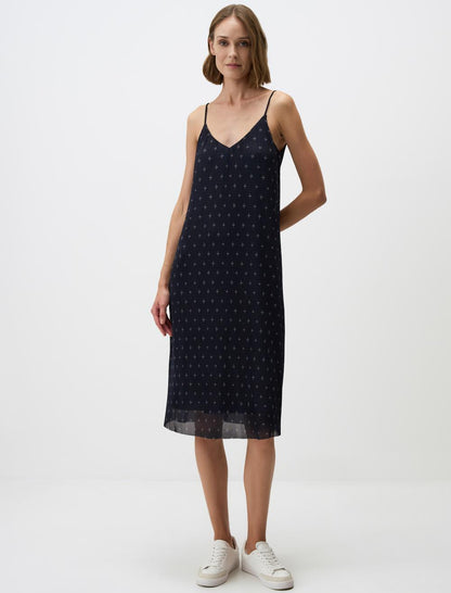 Strappy V-Neck Patterned Mesh Midi Dress