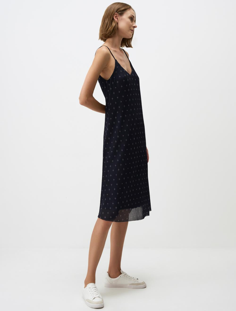 Strappy V-Neck Patterned Mesh Midi Dress