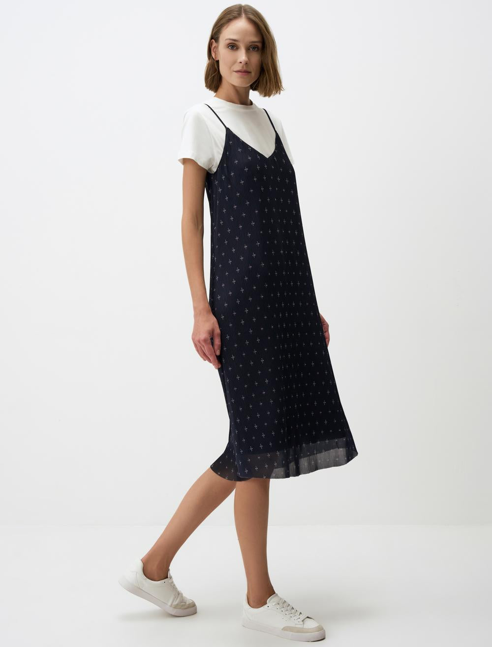 Strappy V-Neck Patterned Mesh Midi Dress