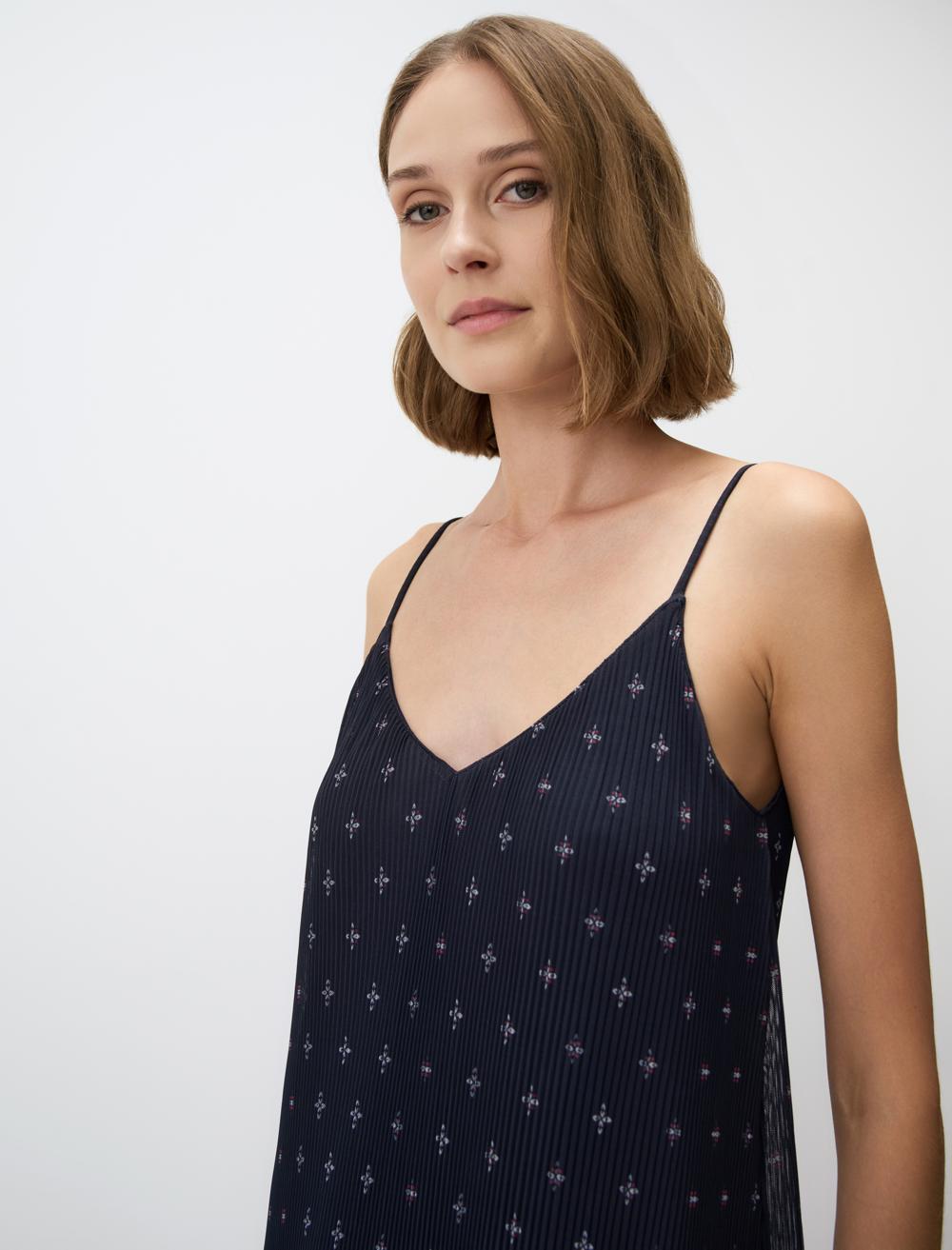 Strappy V-Neck Patterned Mesh Midi Dress