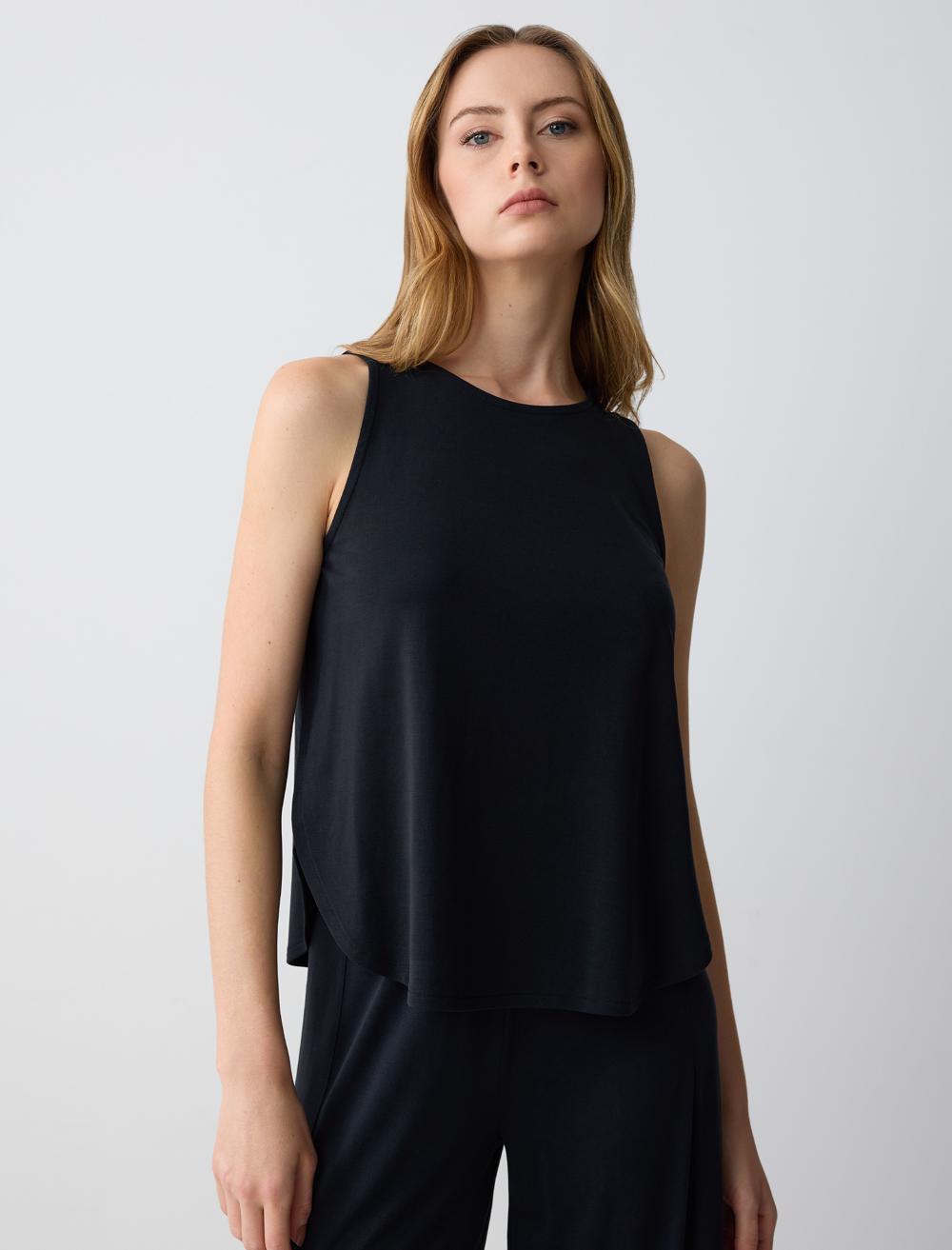 Loose Fit Crew Neck Sleeveless-Sleeve Singlet - Black