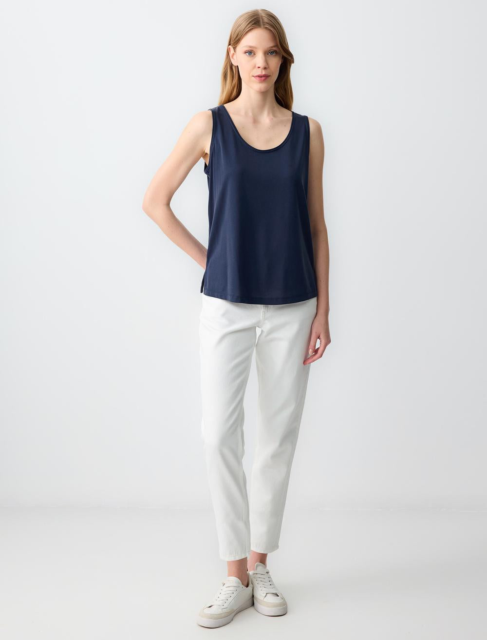 Loose Fit Scoop Neck Sleeveless-Sleeve Singlet - Dark Blue - 5SW013866494