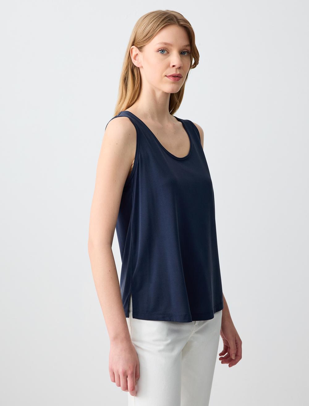 Loose Fit Scoop Neck Sleeveless-Sleeve Singlet - Dark Blue - 5SW013866494