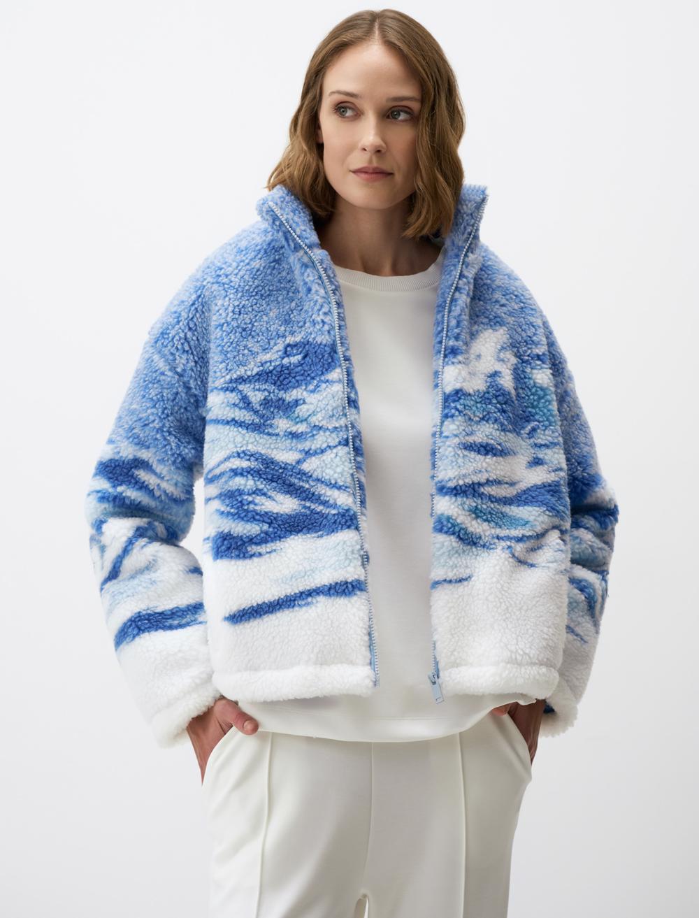 Turtleneck Winter Patterned Plush Jacket with Zipper