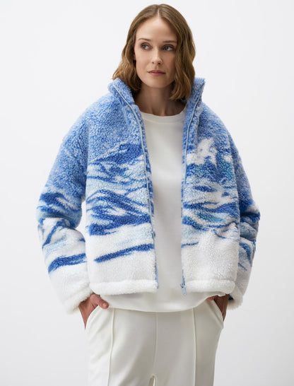 Turtleneck Winter Patterned Plush Jacket with Zipper