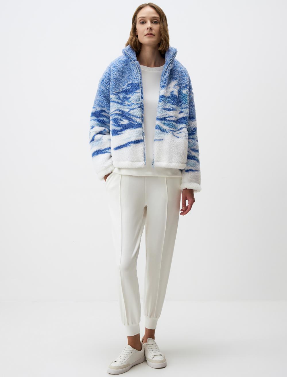 Turtleneck Winter Patterned Plush Jacket with Zipper