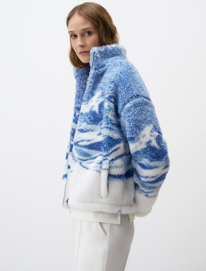 Turtleneck Winter Patterned Plush Jacket with Zipper