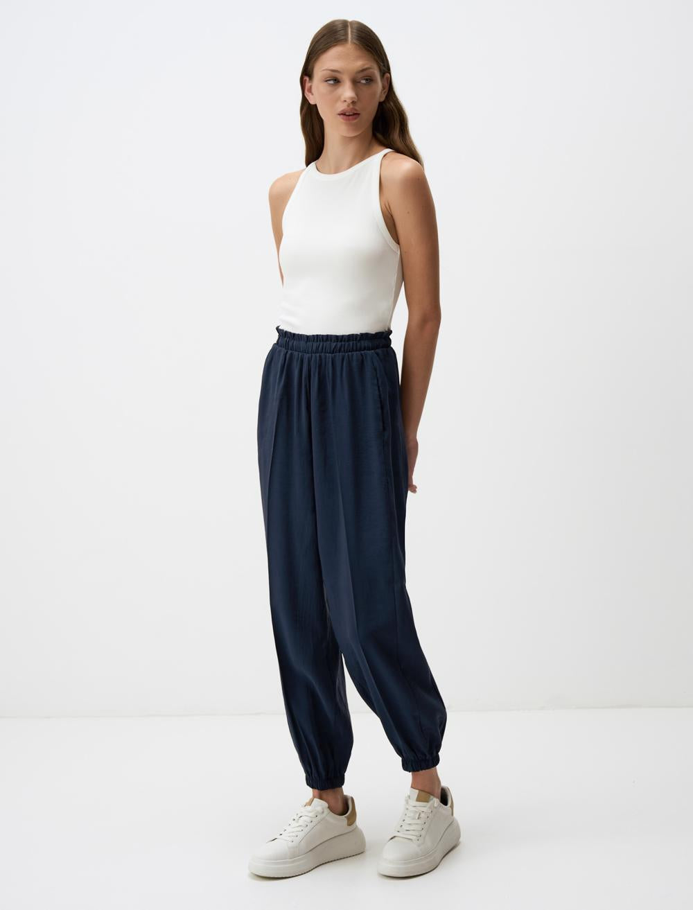 Elastic Waist Narrow Leg Pants with Pockets - Dark Blue - 4WW311529494