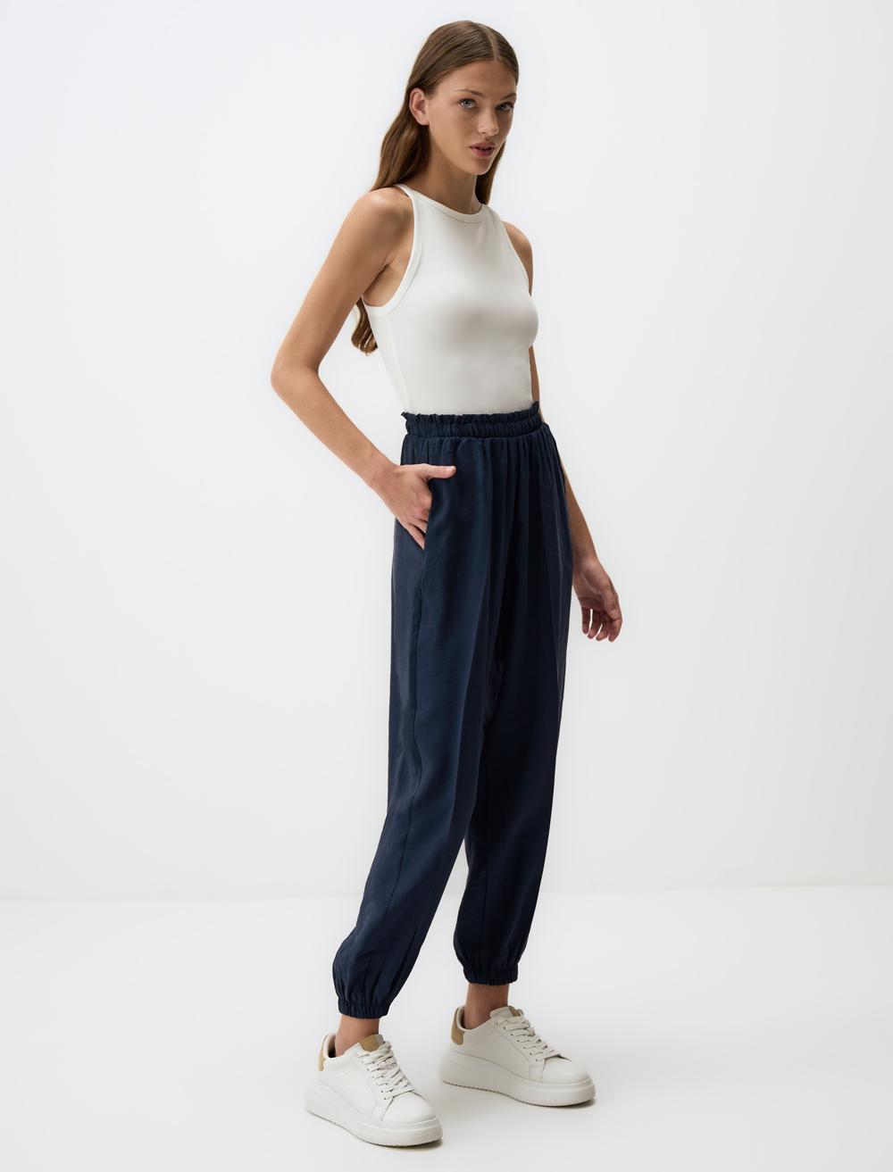 Elastic Waist Narrow Leg Pants with Pockets - Dark Blue - 4WW311529494