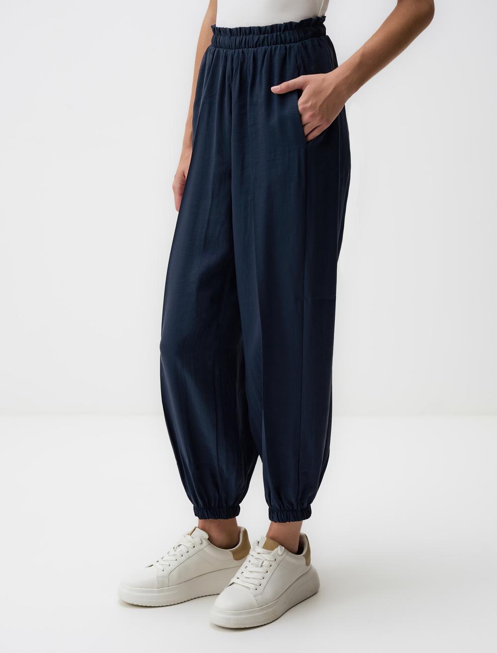 Elastic Waist Narrow Leg Pants with Pockets - Dark Blue - 4WW311529494