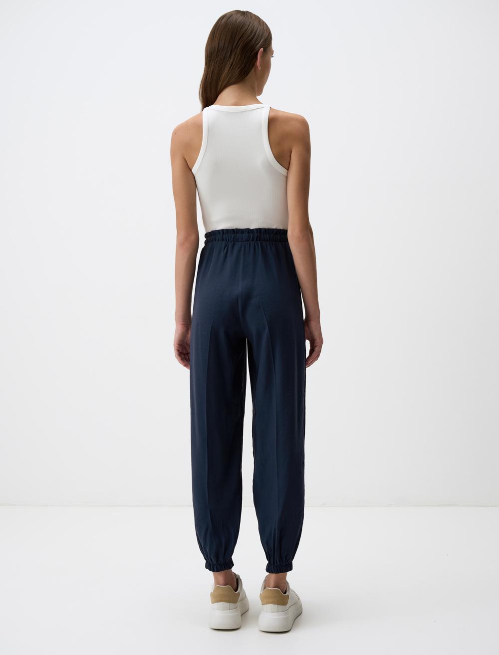 Elastic Waist Narrow Leg Pants with Pockets - Dark Blue - 4WW311529494