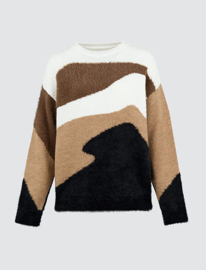 Crew-Neck Asymmetric Patterned Long Sleeve Sweater