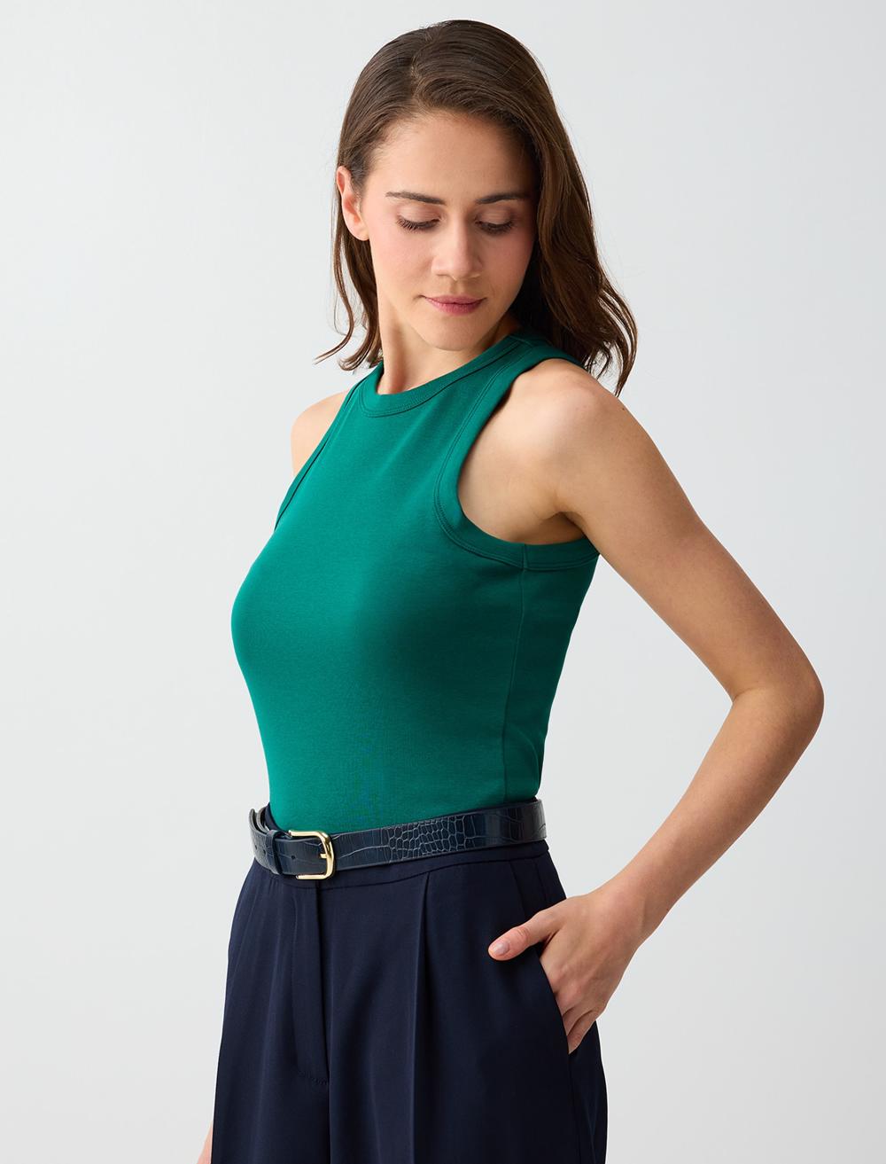 Slim Fit Crew Neck Singlet - Dark Green - 6SW016075320