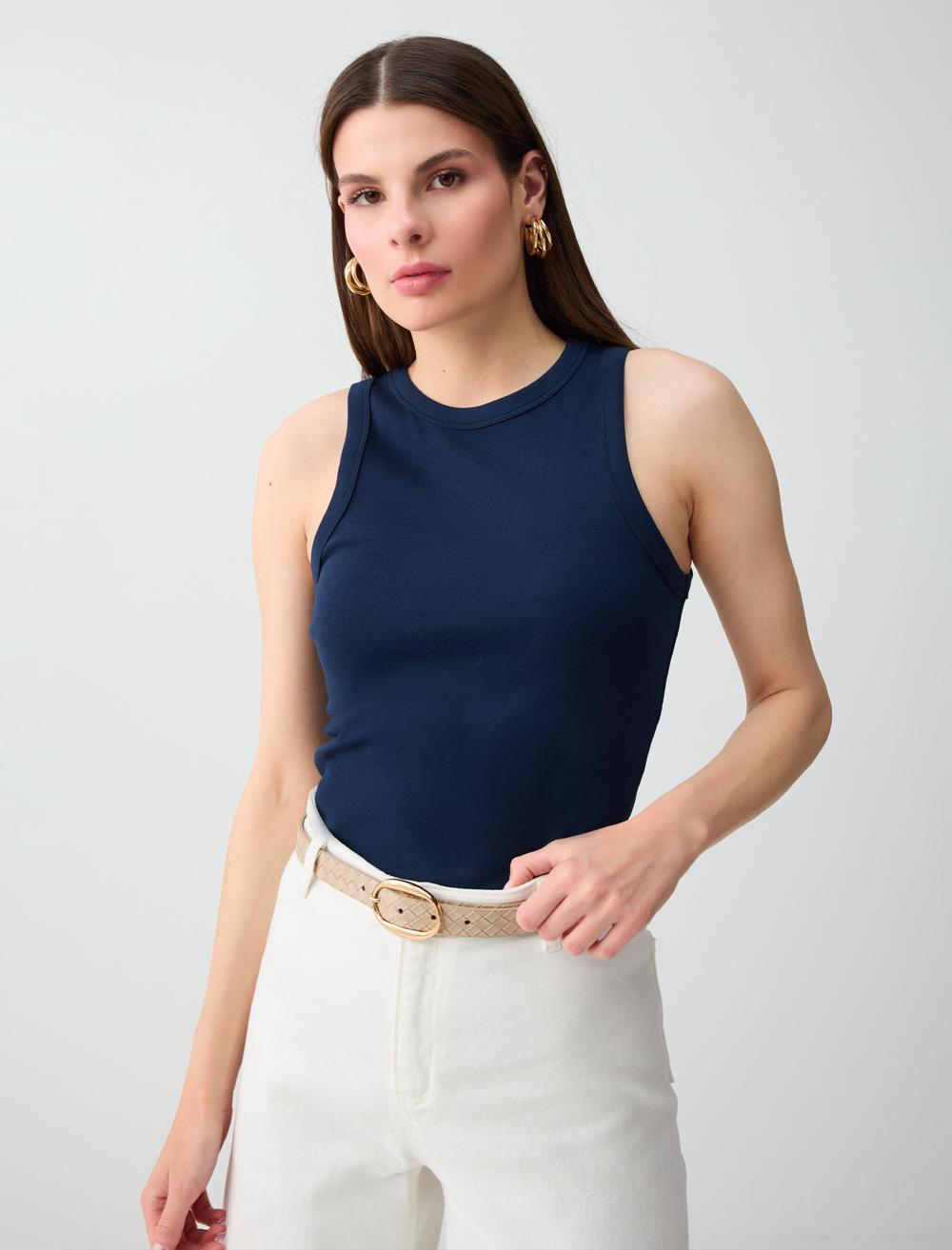 Slim Fit Crew Neck Singlet - Dark Blue - 6SW016075494