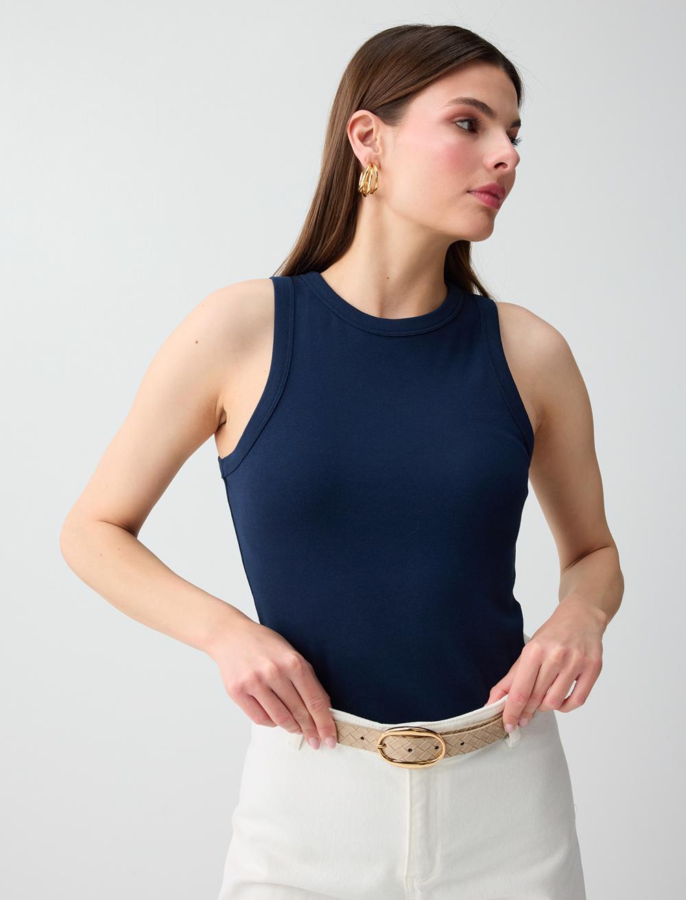 Slim Fit Crew Neck Singlet - Dark Blue - 6SW016075494