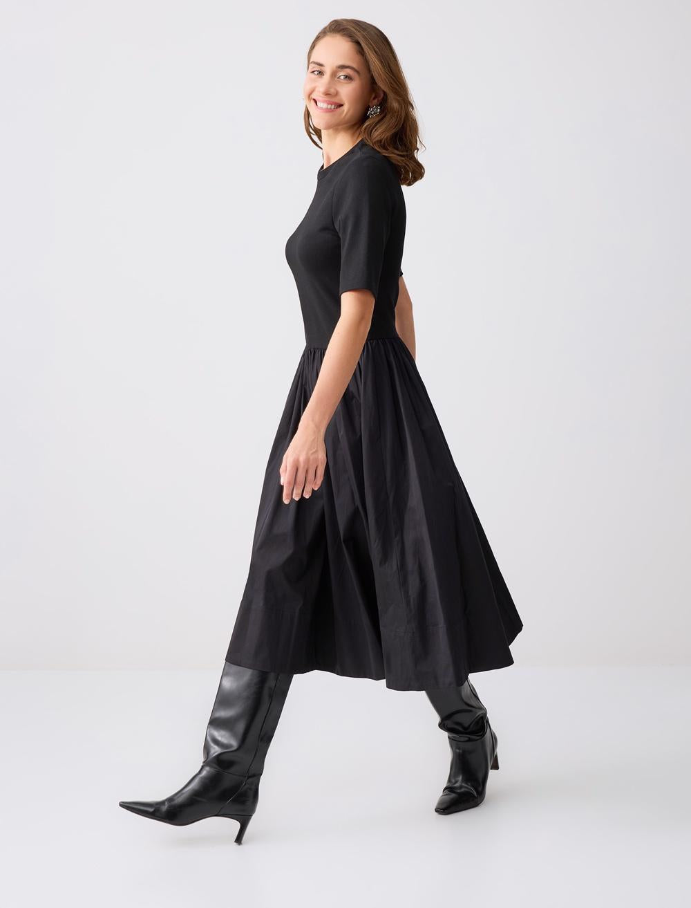 Crew Neck Elbow Sleeve Knit Midi Dress - Black - 5WW065283900