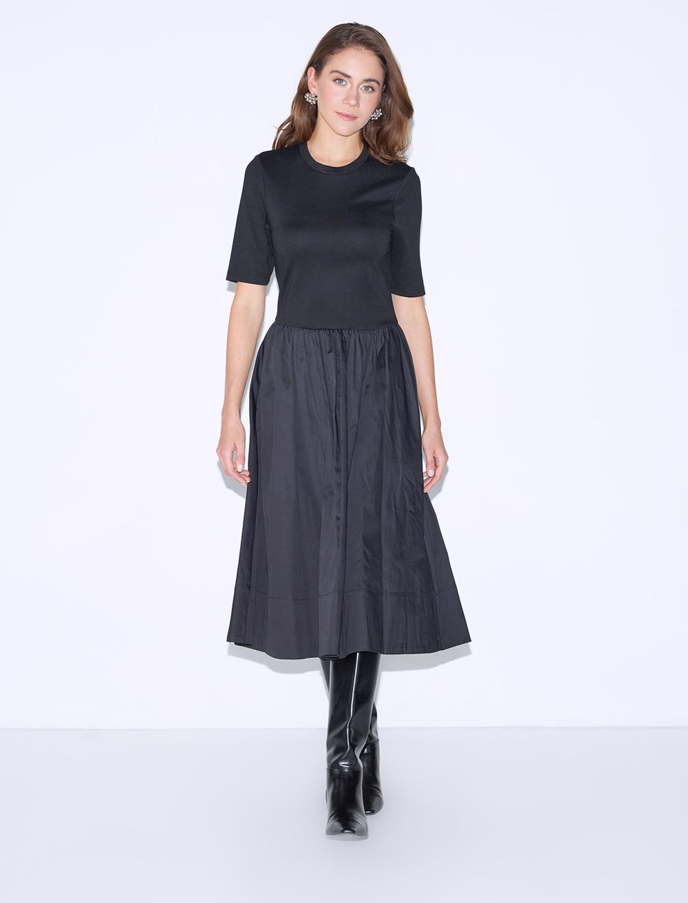 Crew Neck Elbow Sleeve Knit Midi Dress - 5WW065283