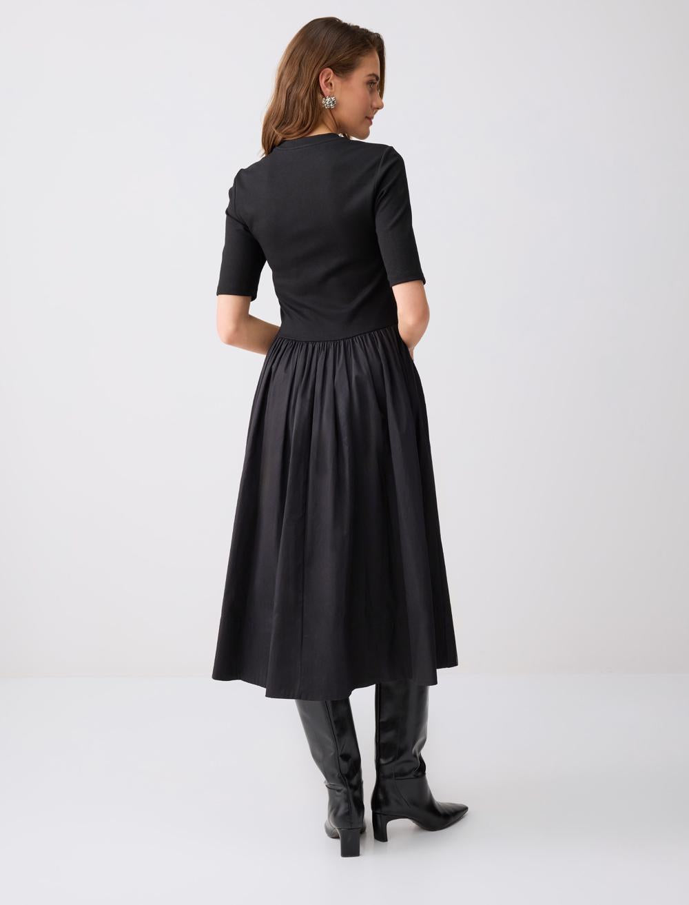 Cycling Collar Elbow-Length Sleeve Knit Midi Dress - Black