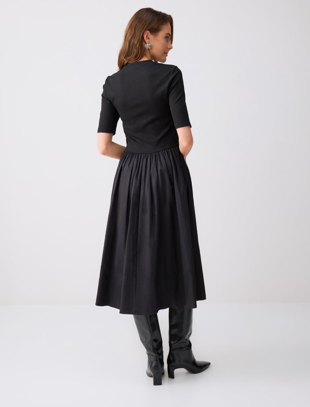 Crew Neck Elbow Sleeve Knit Midi Dress - 5WW065283
