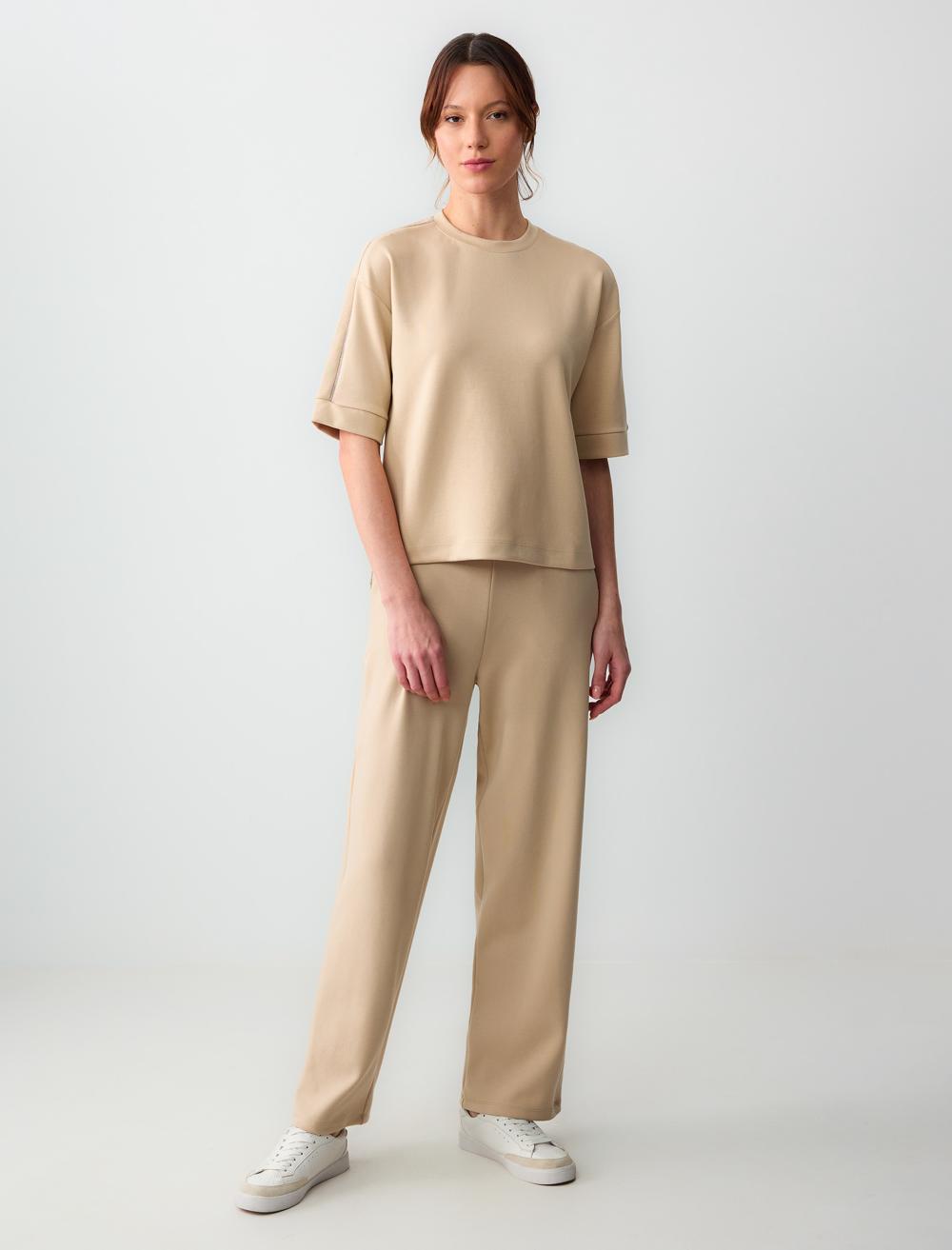 Crew Neck Short-Sleeve Sweatshirt - Beige - 5SW362200125