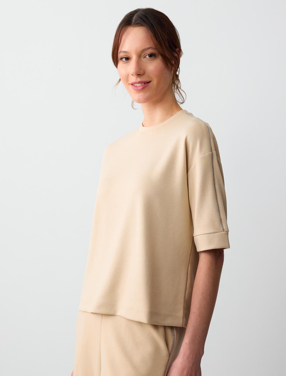 Crew Neck Short-Sleeve Sweatshirt - Beige - 5SW362200125
