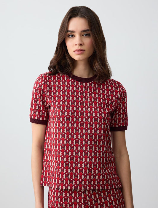 Crew Neck Short Sleeve Geometric Patterned Knitted Blouse