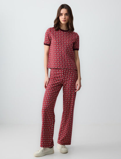 Crew Neck Short Sleeve Geometric Patterned Knitted Blouse