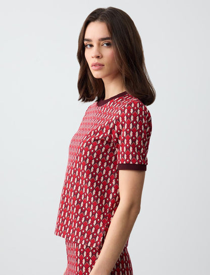 Crew Neck Short Sleeve Geometric Patterned Knitted Blouse