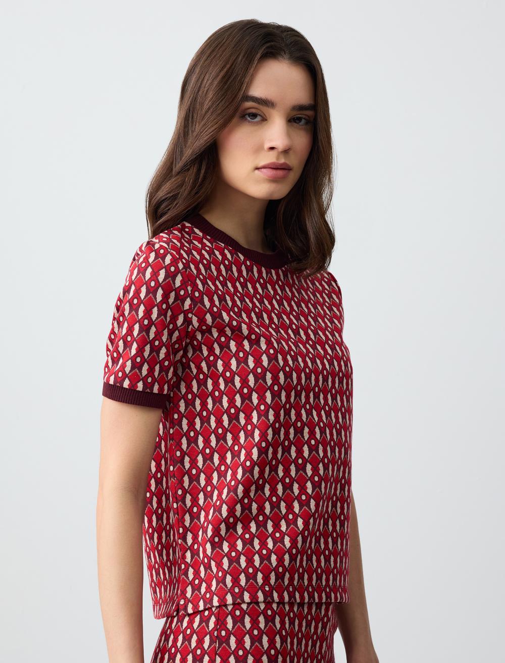 Crew Neck Short Sleeve Geometric Patterned Knitted Blouse
