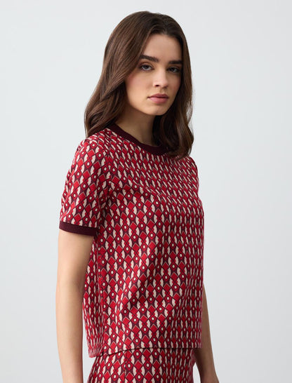 Crew Neck Short Sleeve Geometric Patterned Knitted Blouse