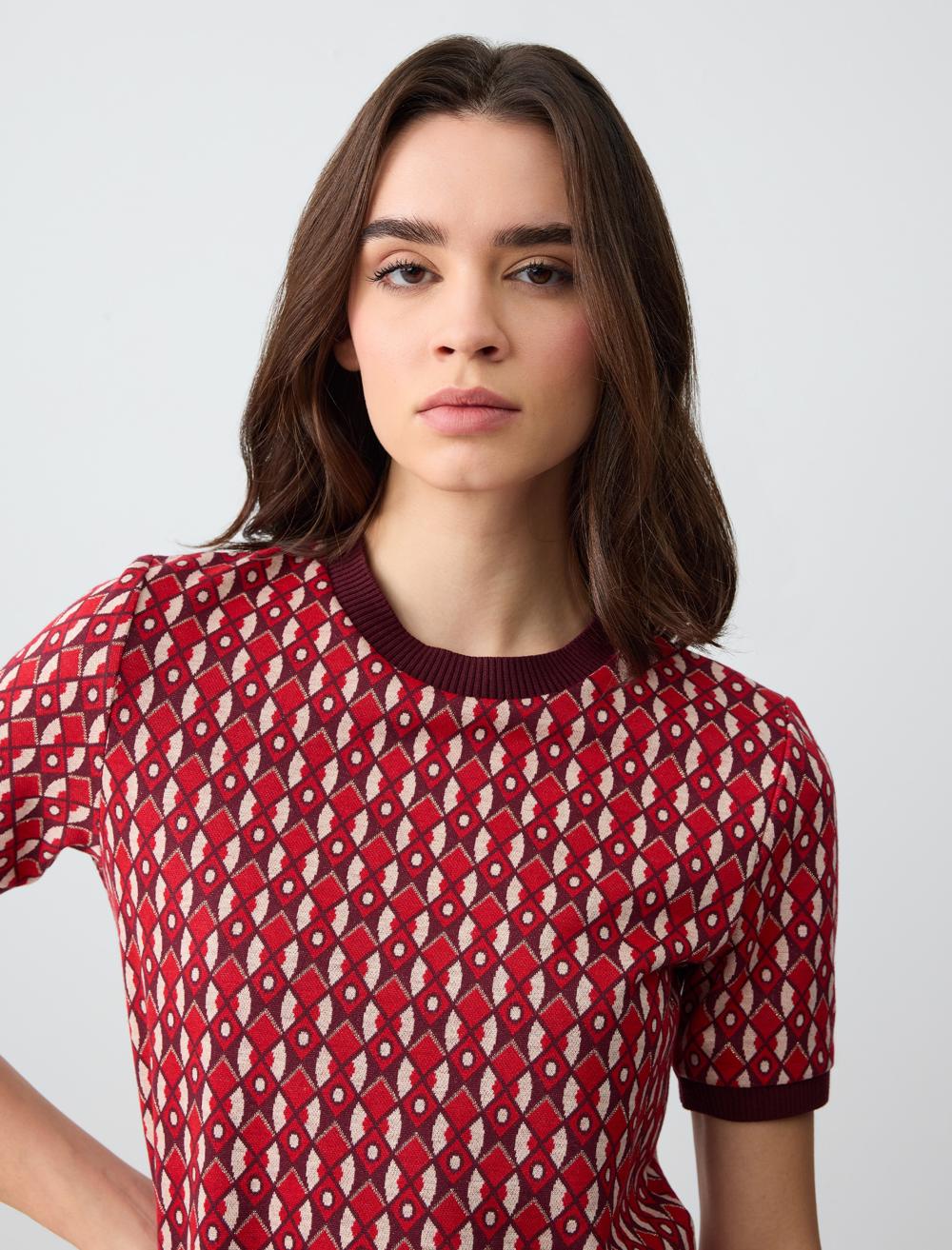 Crew Neck Short Sleeve Geometric Patterned Knitted Blouse
