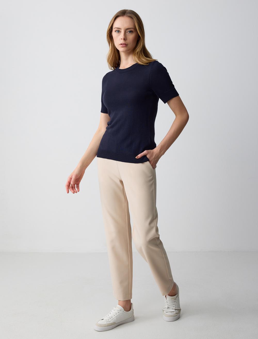 Crew Neck Short Sleeved Tricot Sweater - 5SW231729