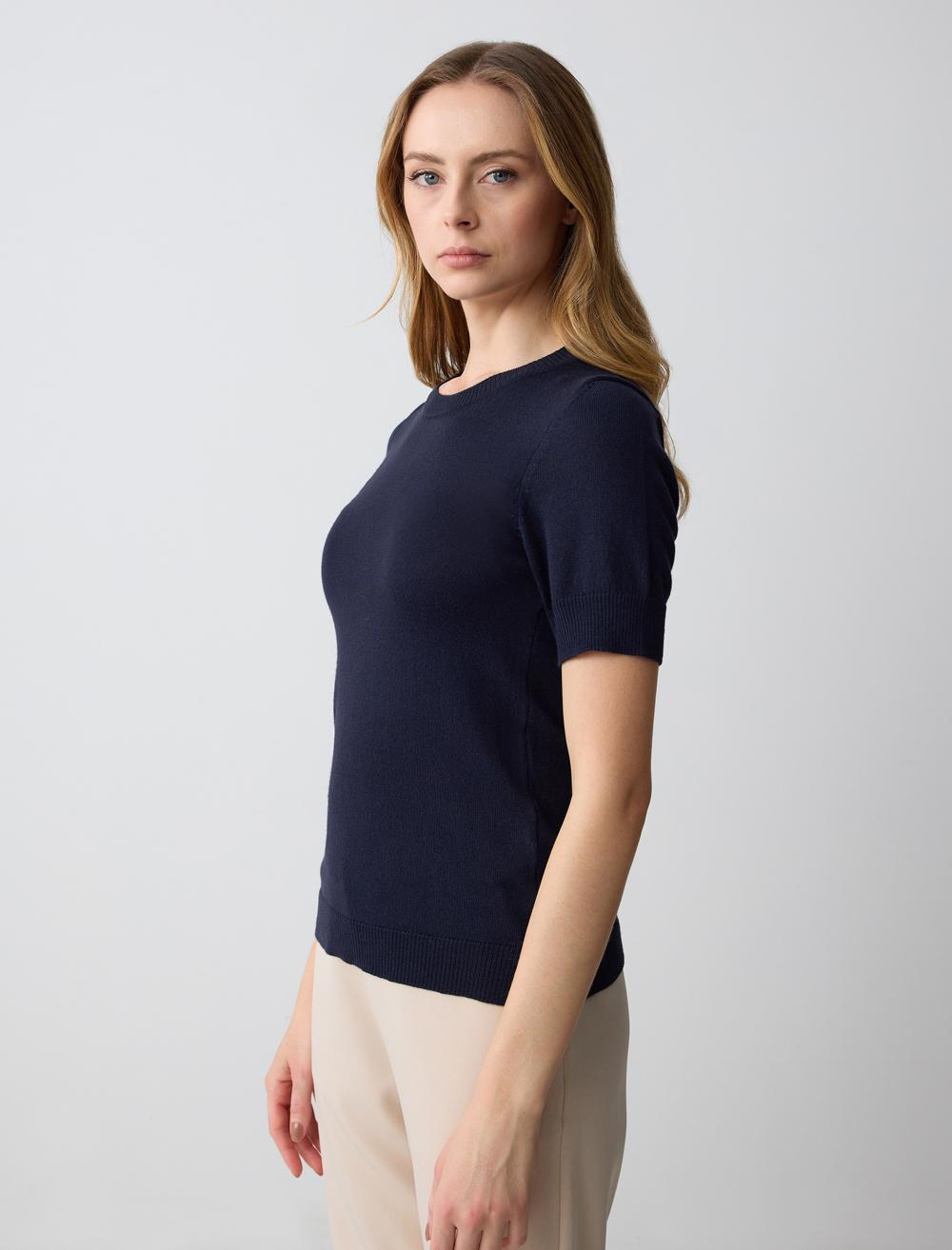 Crew Neck Short Sleeved Tricot Sweater - 5SW231729
