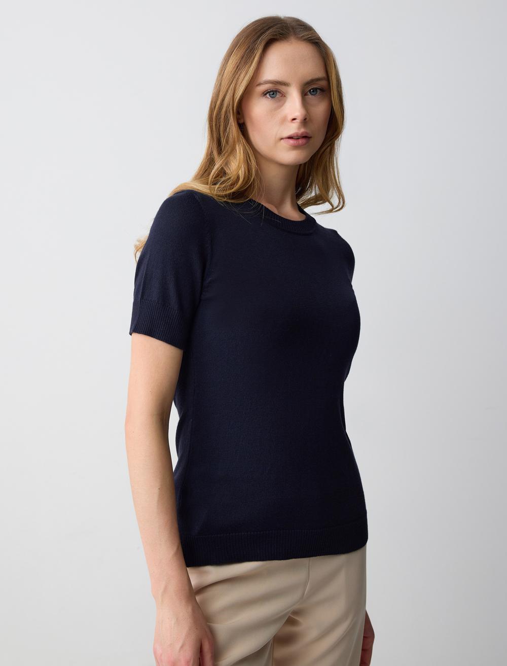 Crew Neck Short Sleeved Tricot Sweater - 5SW231729