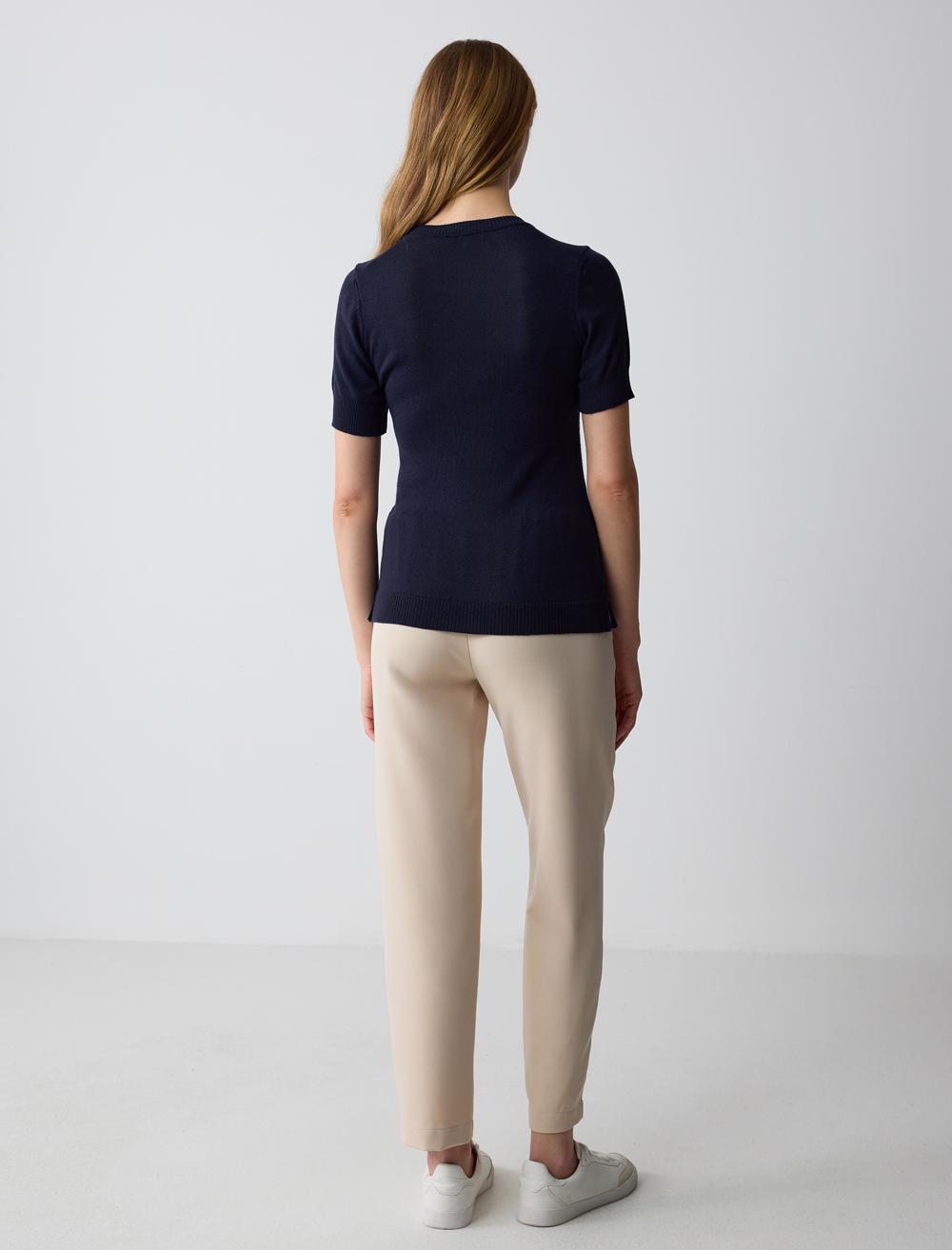 Crew Neck Short Sleeved Tricot Sweater - 5SW231729