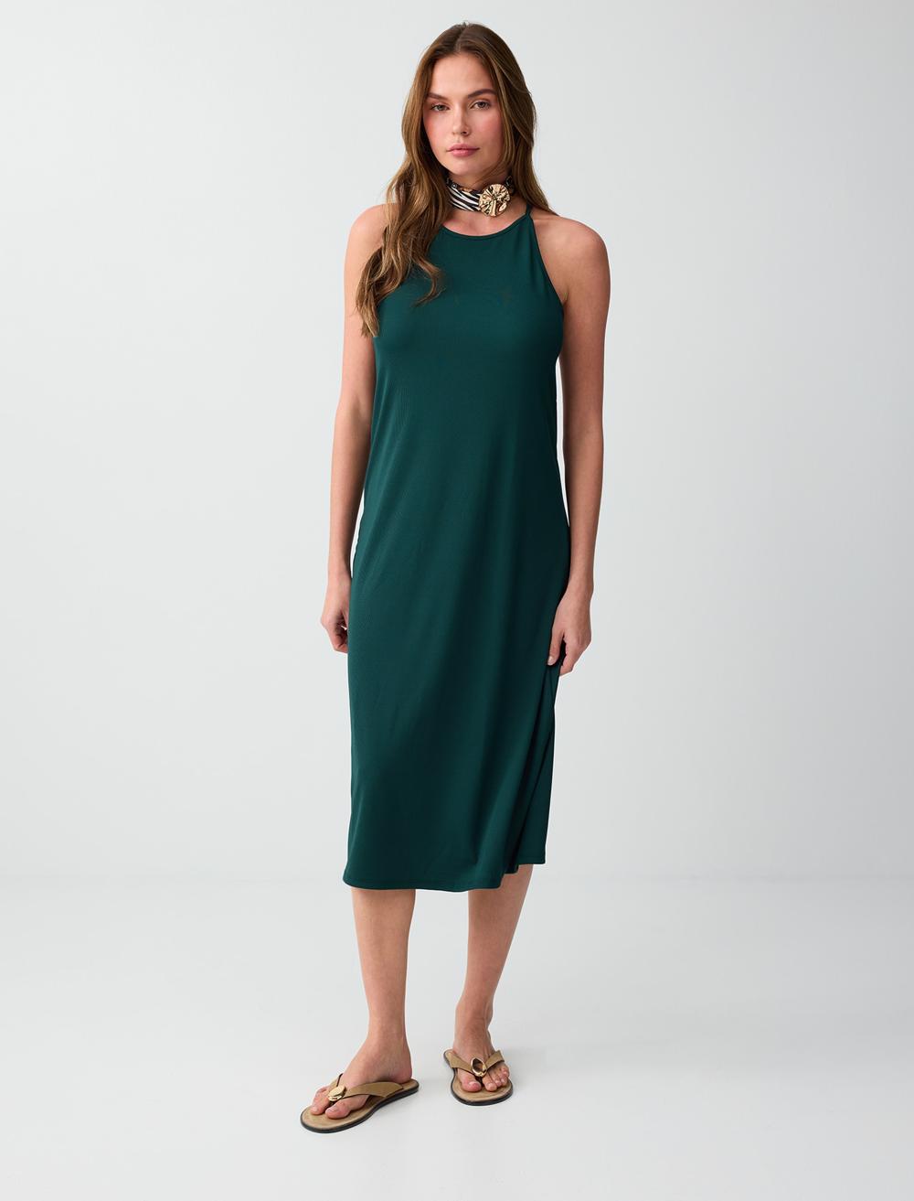 Loose Fit Crew Neck Sleeveless Dress - Dark Green - 6SW066798320