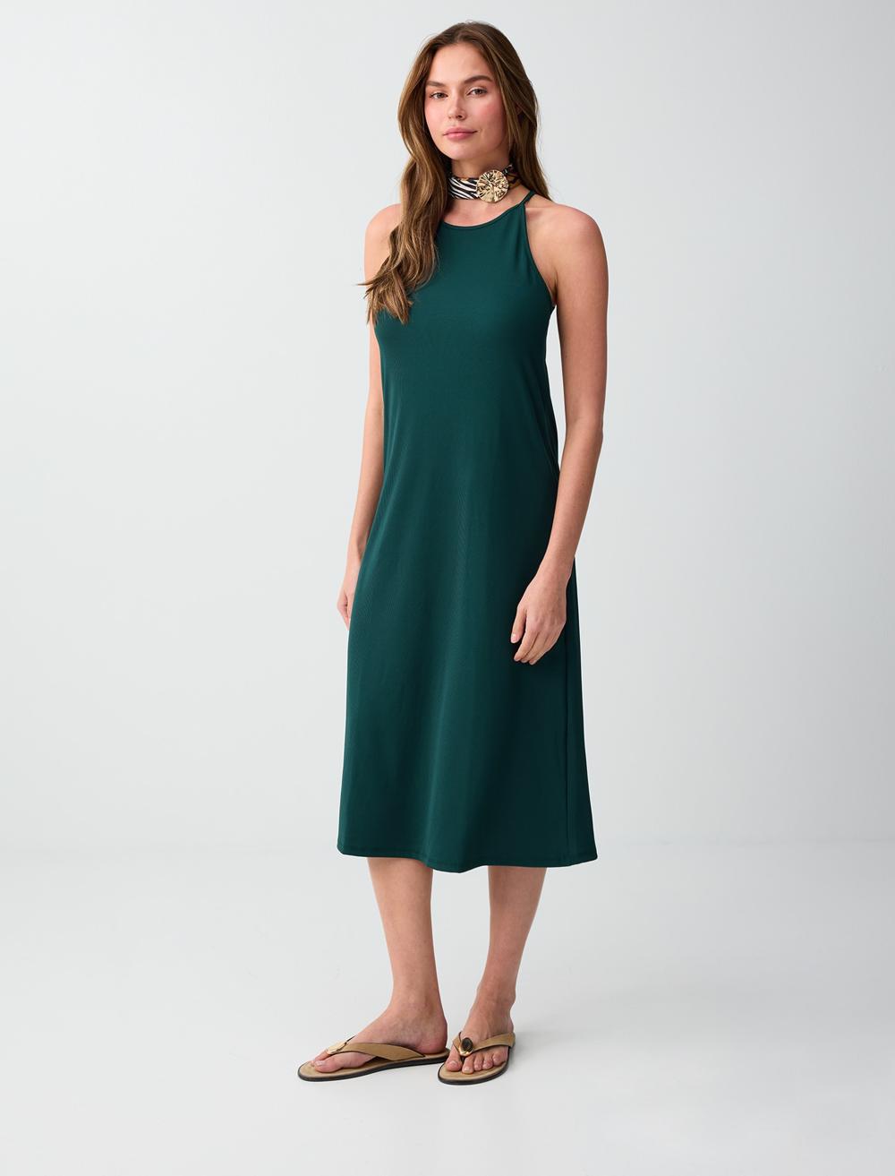 Loose Fit Crew Neck Sleeveless Dress - Dark Green - 6SW066798320