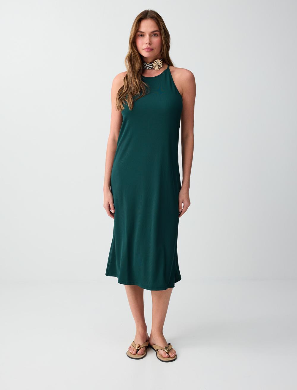 Loose Fit Crew Neck Sleeveless Dress - Dark Green - 6SW066798320