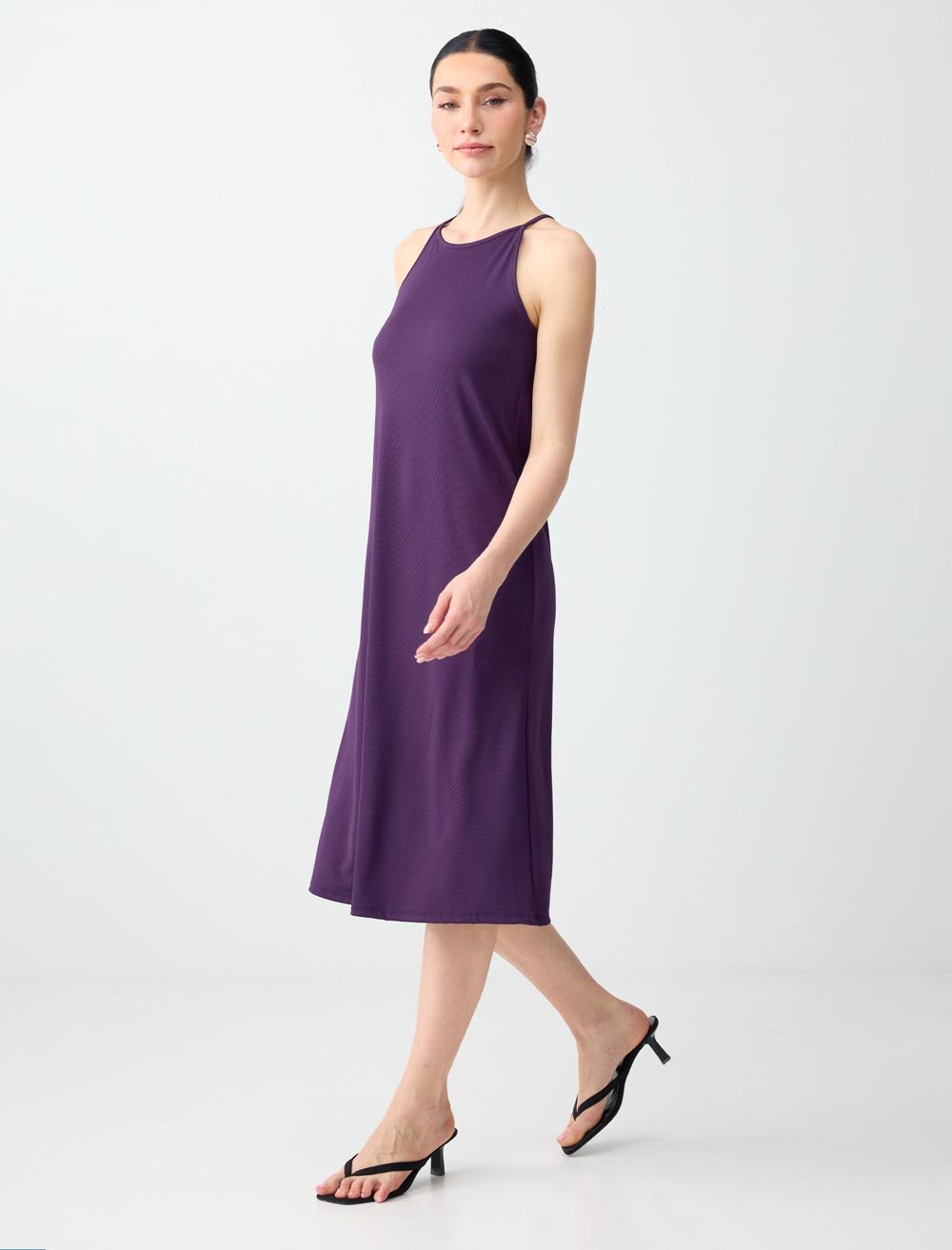 Loose Fit Crew Neck Dress - Purple - 6SW066798503