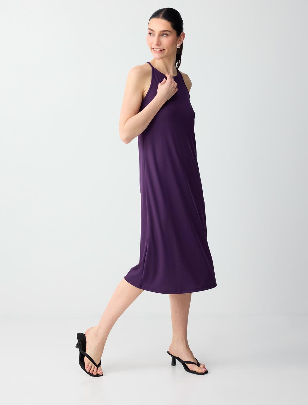 Loose Fit Crew Neck Dress - Purple - 6SW066798503