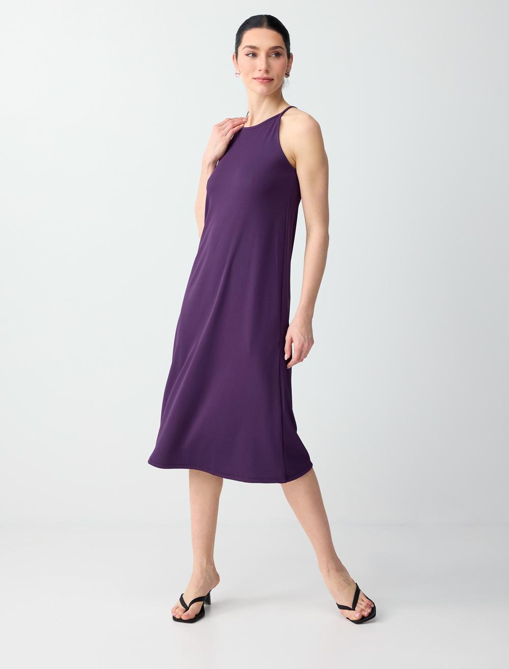 Loose Fit Crew Neck Dress - Purple - 6SW066798503