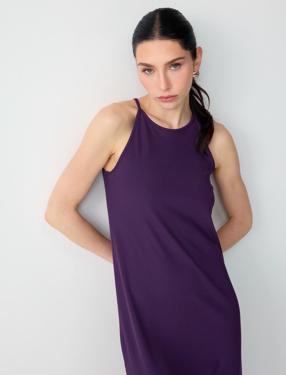 Loose Fit Crew Neck Dress - Purple - 6SW066798503