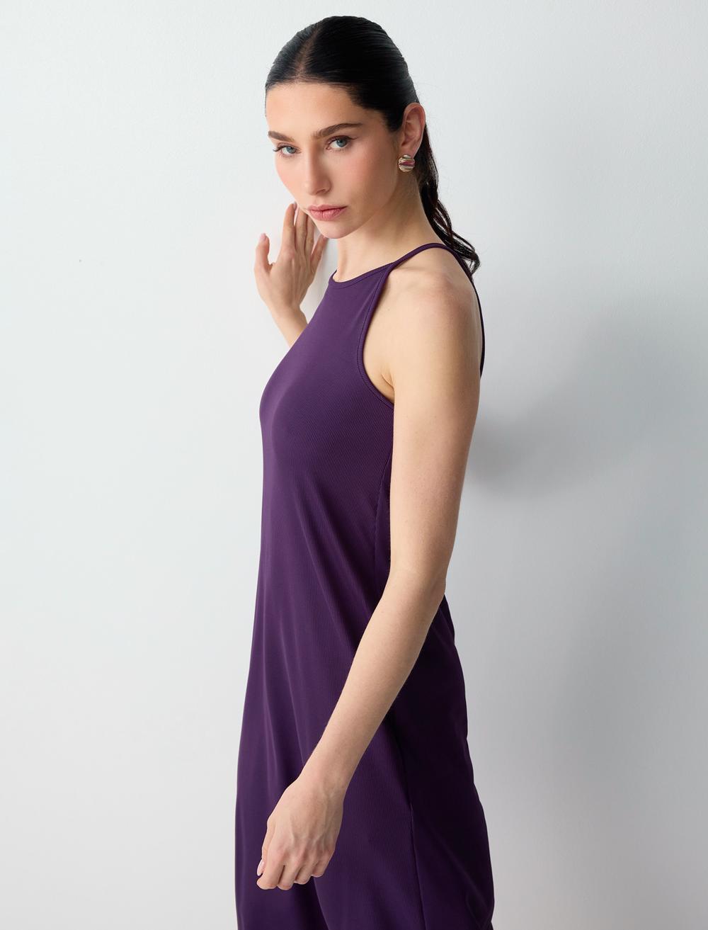 Loose Fit Crew Neck Dress - Purple - 6SW066798503