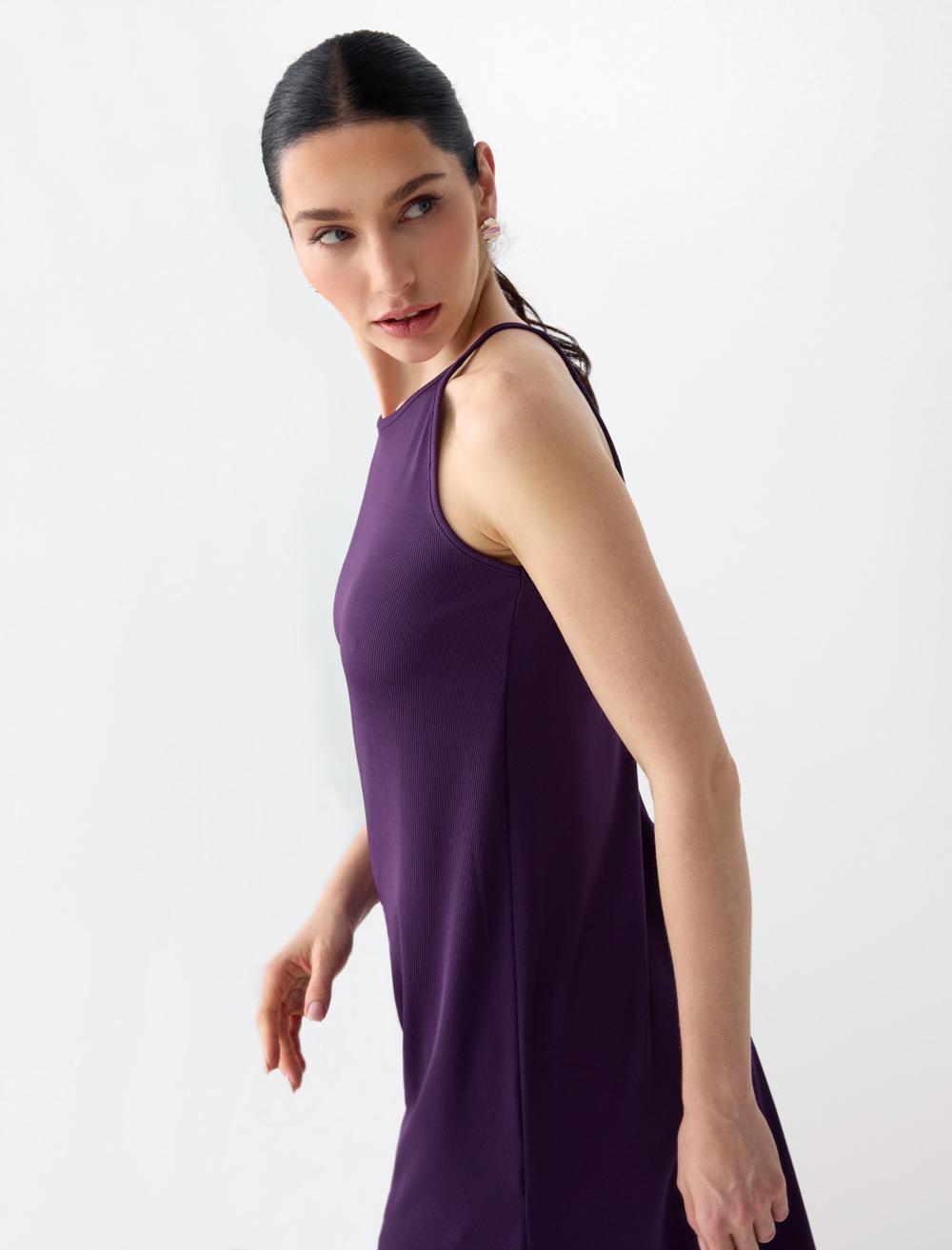 Loose Fit Crew Neck Dress - Purple - 6SW066798503