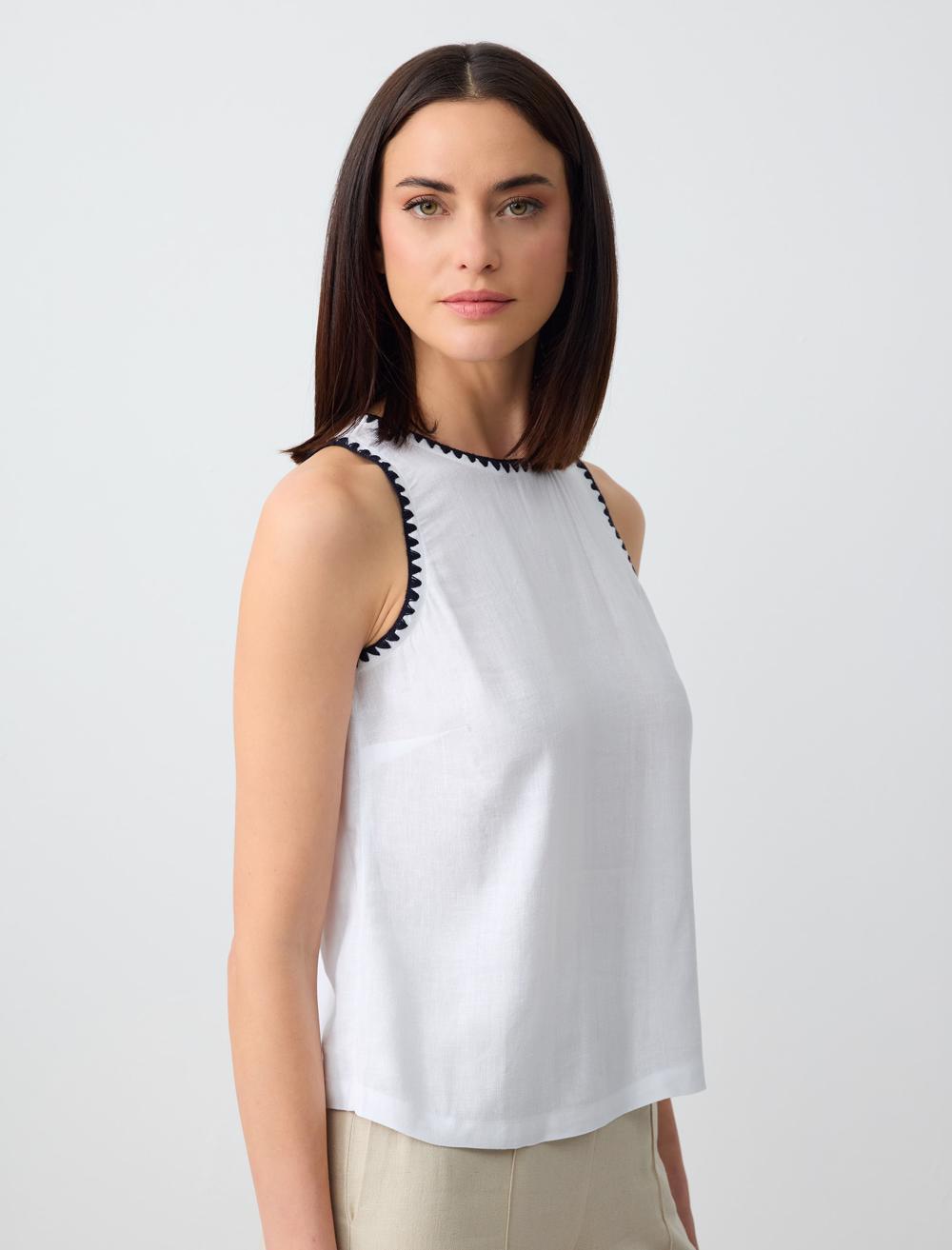 Crew Neck Sleeveless Embroidered Linen Blouse - White - 24SB044009100