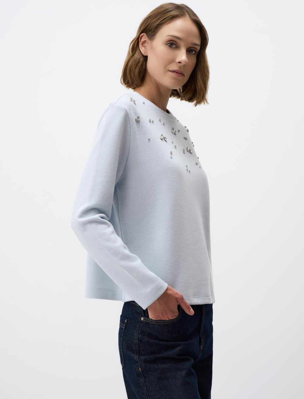 Crew-Neck Knitted Pullover with Shiny Stone Detail