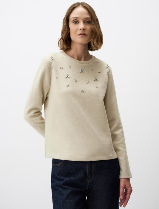 Crew-Neck Knitted Pullover with Shiny Stone Detail