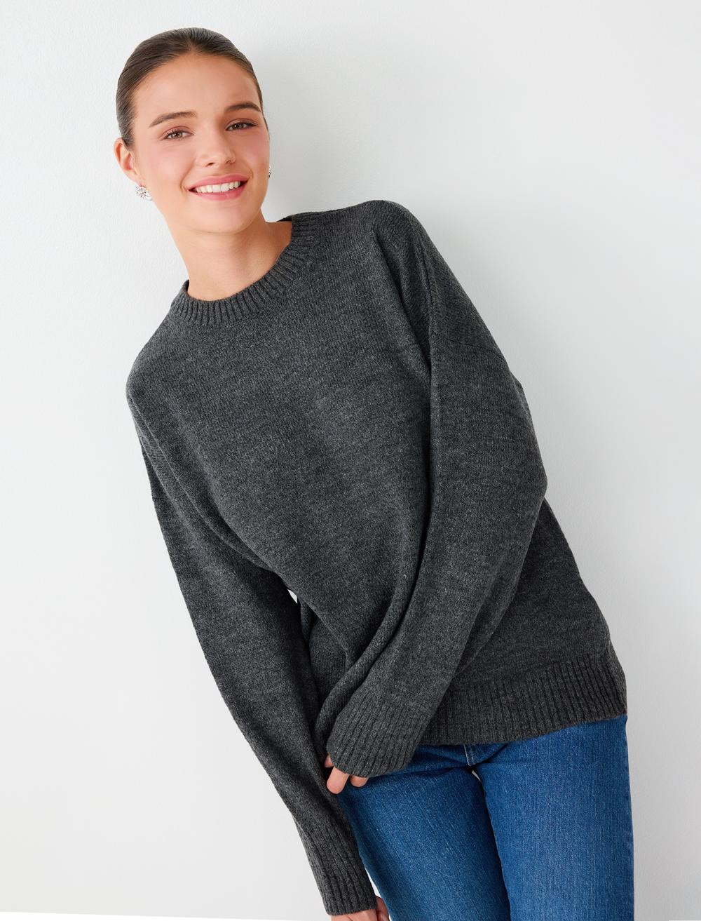Loose Fit Crew Neck Pullover - Grey - 6WW137166972