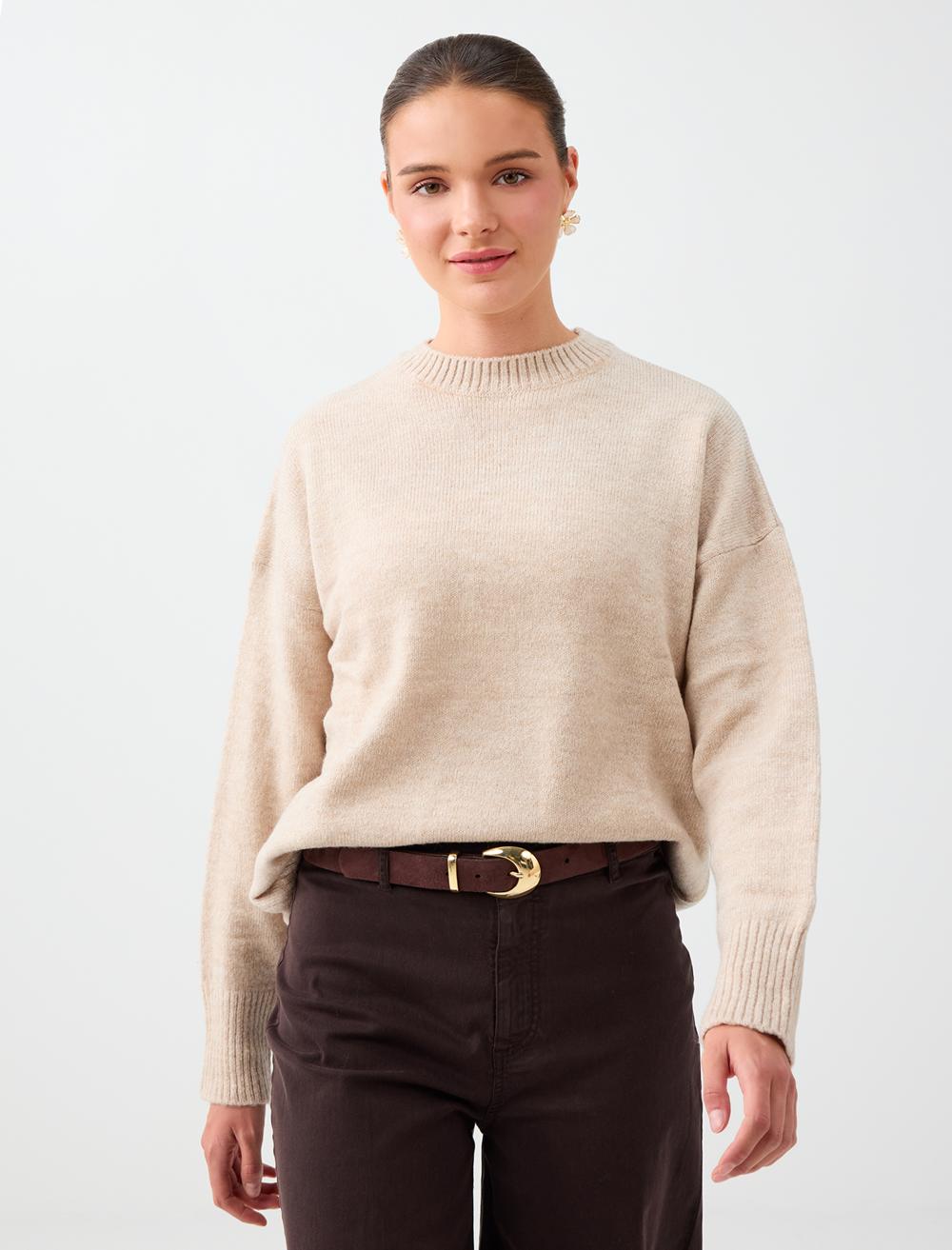 Loose Fit Crew Neck Pullover - Beige - 6WW137166988