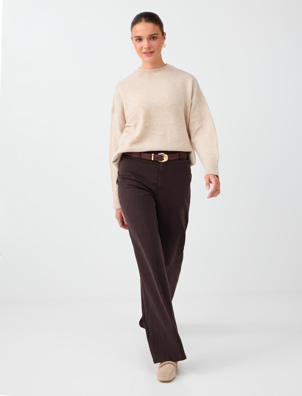 Loose Fit Crew Neck Pullover - Beige